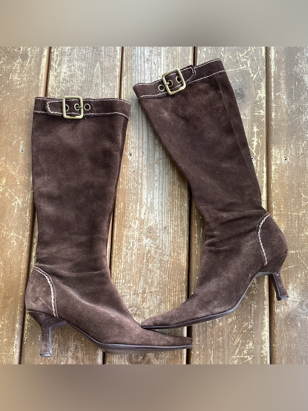 Y2K Aldo Brown Suede Pointy Toe Leather Knee High Heeled Boots Buckle 38 | 7.5